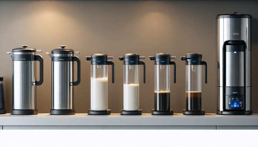 Display of water filtration options including carbon filters, reverse osmosis systems, and mineral addition cartridges