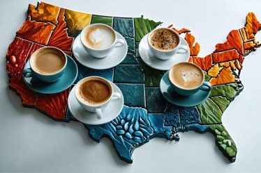 A creative depiction of the United States made of coffee cups, each cup symbolizing different zip codes with varied water qualities. The image highlights differences in coffee color and crema due to regional water variations.