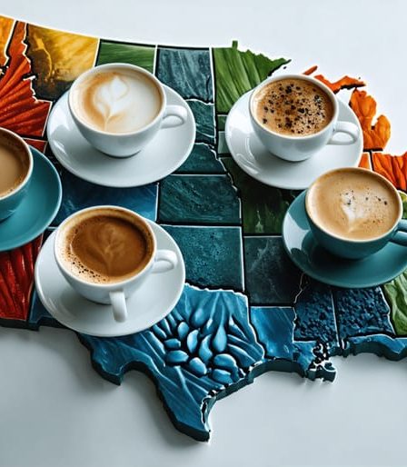 A creative depiction of the United States made of coffee cups, each cup symbolizing different zip codes with varied water qualities. The image highlights differences in coffee color and crema due to regional water variations.