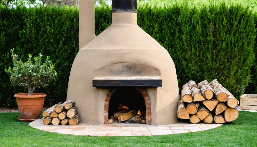 Finished backyard clay oven with smoke coming from chimney, surrounded by garden landscaping