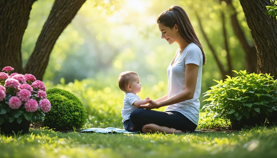 Parent and child sitting cross-legged in a garden, eyes closed, practicing meditation together