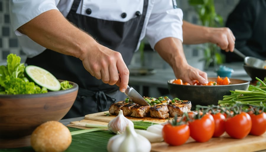 Professional chef teaching cooking techniques to travelers in a traditional kitchen