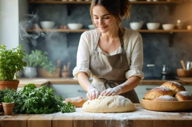 Woman engaging in a mindful baking practice, kneading bread dough on a rustic wooden countertop in a softly lit kitchen, embodying the theme of creative expression as a healing process for emotional well-being.