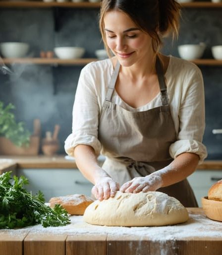 Woman engaging in a mindful baking practice, kneading bread dough on a rustic wooden countertop in a softly lit kitchen, embodying the theme of creative expression as a healing process for emotional well-being.