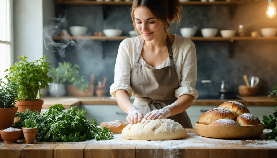 Woman engaging in a mindful baking practice, kneading bread dough on a rustic wooden countertop in a softly lit kitchen, embodying the theme of creative expression as a healing process for emotional well-being.