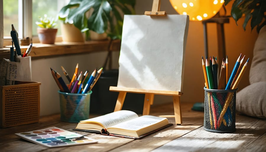 Peaceful creative corner setup with art supplies and journaling materials