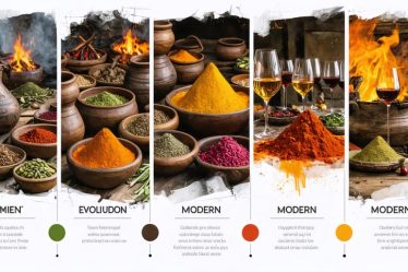 An illustrated timeline of culinary evolution, featuring scenes from prehistoric cooking fires, an ancient spice market, and a modern kitchen with advanced gadgets, showcasing the interconnectedness of cooking practices through history.