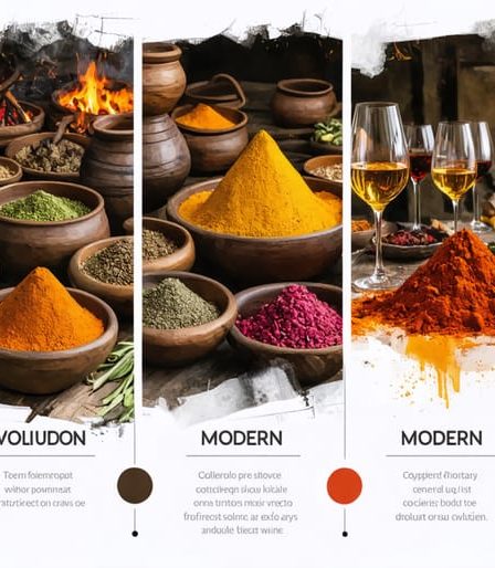 An illustrated timeline of culinary evolution, featuring scenes from prehistoric cooking fires, an ancient spice market, and a modern kitchen with advanced gadgets, showcasing the interconnectedness of cooking practices through history.