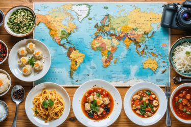 A diverse array of international dishes including dim sum, pasta, and spices, accompanied by travel elements like a map and camera, representing the adventure of culinary travel.