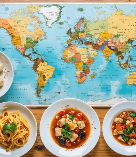 A diverse array of international dishes including dim sum, pasta, and spices, accompanied by travel elements like a map and camera, representing the adventure of culinary travel.
