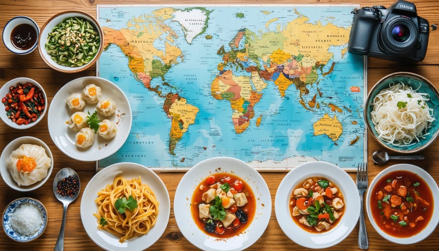 A diverse array of international dishes including dim sum, pasta, and spices, accompanied by travel elements like a map and camera, representing the adventure of culinary travel.