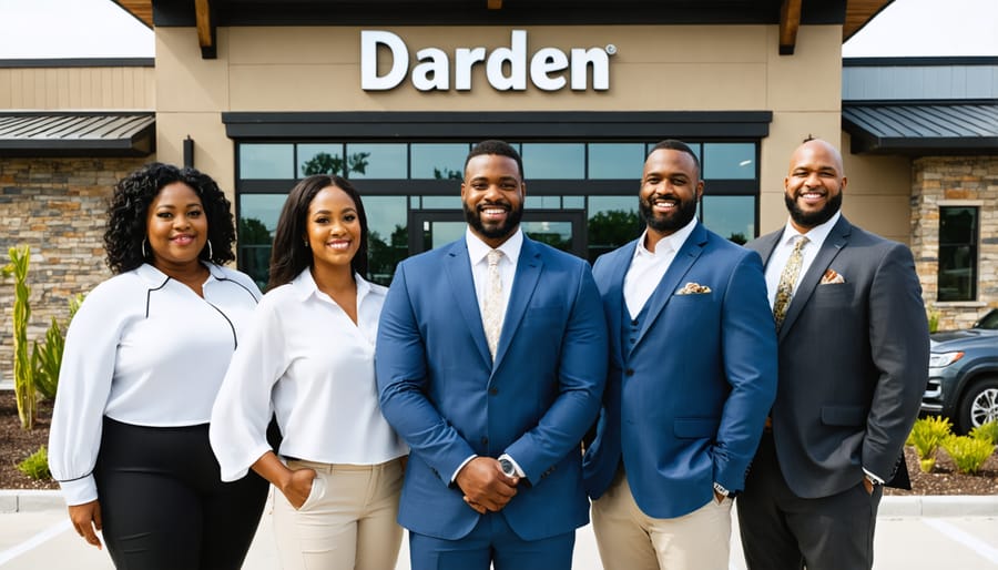 Successful Darden franchise owners smiling in front of their restaurant location