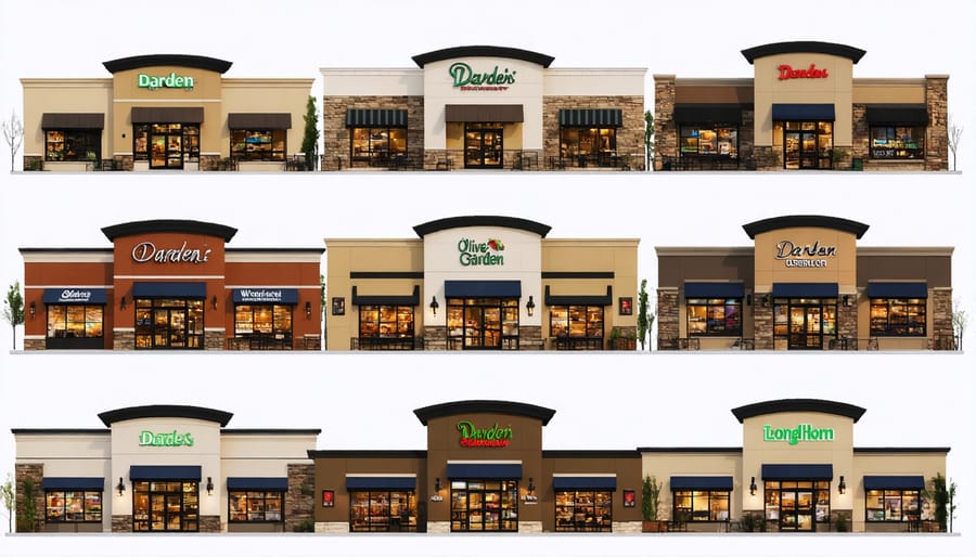 Collection of Darden restaurant brand storefronts including Olive Garden and LongHorn Steakhouse
