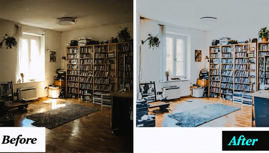 Side-by-side comparison showing a messy living room transformed into a tidy, organized space