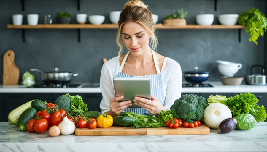 Woman using meal planning app on tablet with organized ingredients on kitchen counter