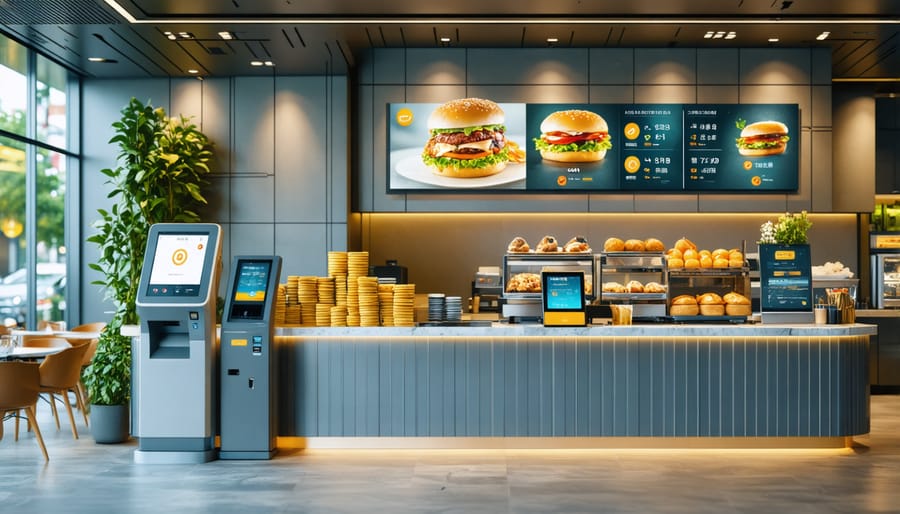 Digital ordering kiosks and contactless payment systems in a contemporary restaurant setting
