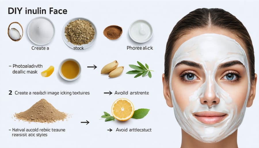 Preparation steps for homemade inulin face mask showing ingredients and mixing process