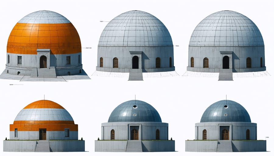 Three-stage process of building clay oven dome from foundation to completed structure