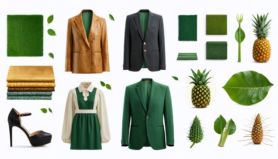 A collage highlighting sustainable fashion elements with eco-friendly fabrics, stylish garments, and unique accessories, representing the merge of sustainability and chic design.