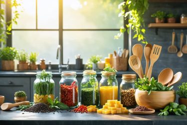 Glass jars filled with spices, beeswax wraps on bowls, and bamboo utensils on a kitchen counter, showcasing eco-friendly kitchen storage solutions.
