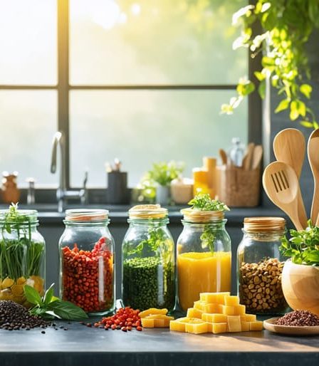 Glass jars filled with spices, beeswax wraps on bowls, and bamboo utensils on a kitchen counter, showcasing eco-friendly kitchen storage solutions.
