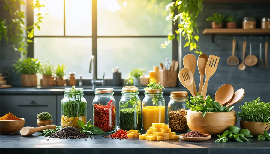 Glass jars filled with spices, beeswax wraps on bowls, and bamboo utensils on a kitchen counter, showcasing eco-friendly kitchen storage solutions.