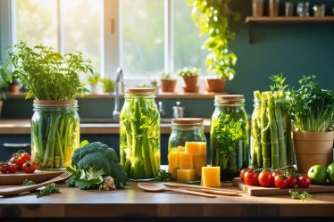 A kitchen table showcasing an eco-friendly lifestyle with reusable glass jars, beeswax wraps, bamboo utensils, and fresh produce.
