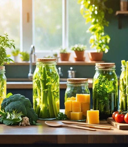 A kitchen table showcasing an eco-friendly lifestyle with reusable glass jars, beeswax wraps, bamboo utensils, and fresh produce.