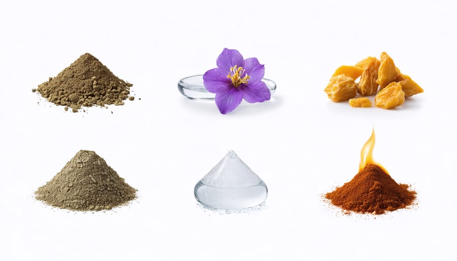 Artistic display of natural skincare ingredients representing the four elements