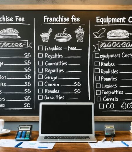 Chalkboard menu illustrating different restaurant franchise expenses, surrounded by images of a busy restaurant, a professional kitchen, and a businessperson calculating costs, set against a wooden table background.