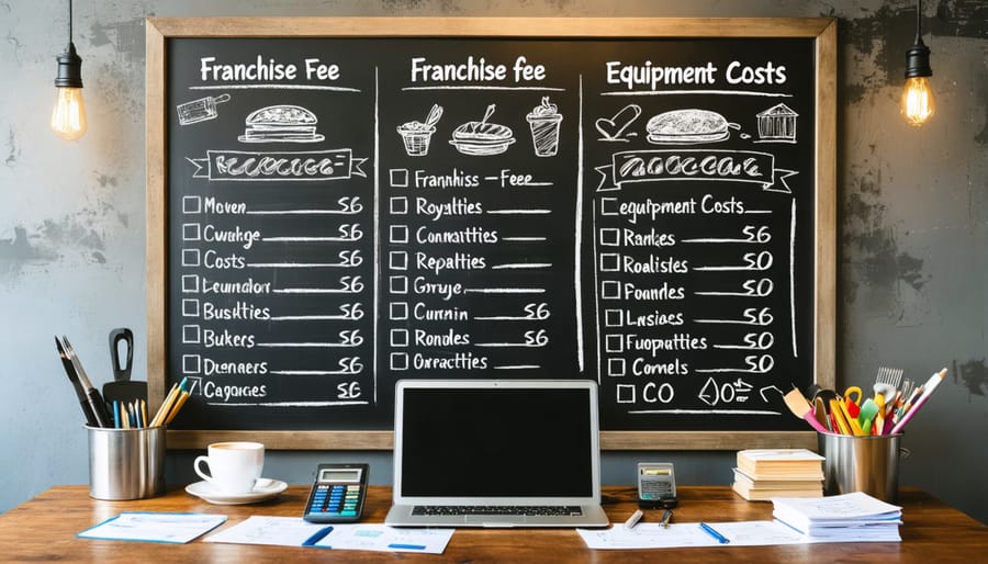 Chalkboard menu illustrating different restaurant franchise expenses, surrounded by images of a busy restaurant, a professional kitchen, and a businessperson calculating costs, set against a wooden table background.