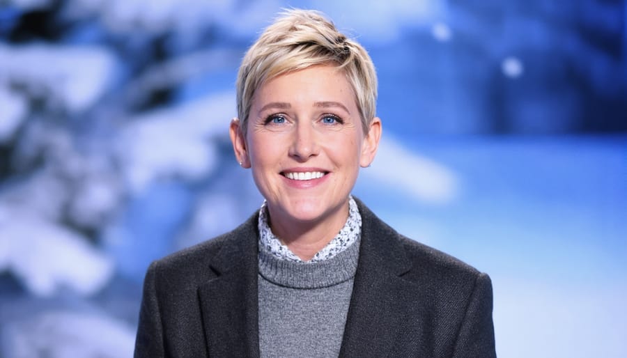 Ellen DeGeneres demonstrating her classic layered winter look with a tailored blazer over a comfortable sweater