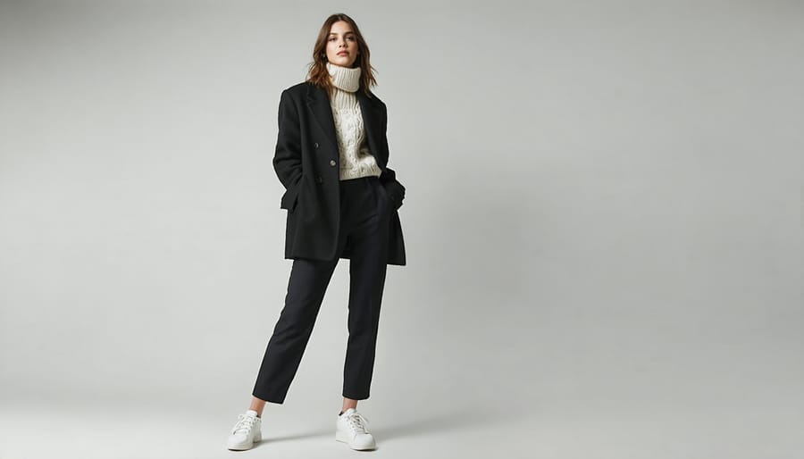 "A conceptual illustration of a woman embodying Ellen DeGeneres' iconic winter style: a blazer and sweater combination paired with tailored pants and sneakers, set against a winter city backdrop."