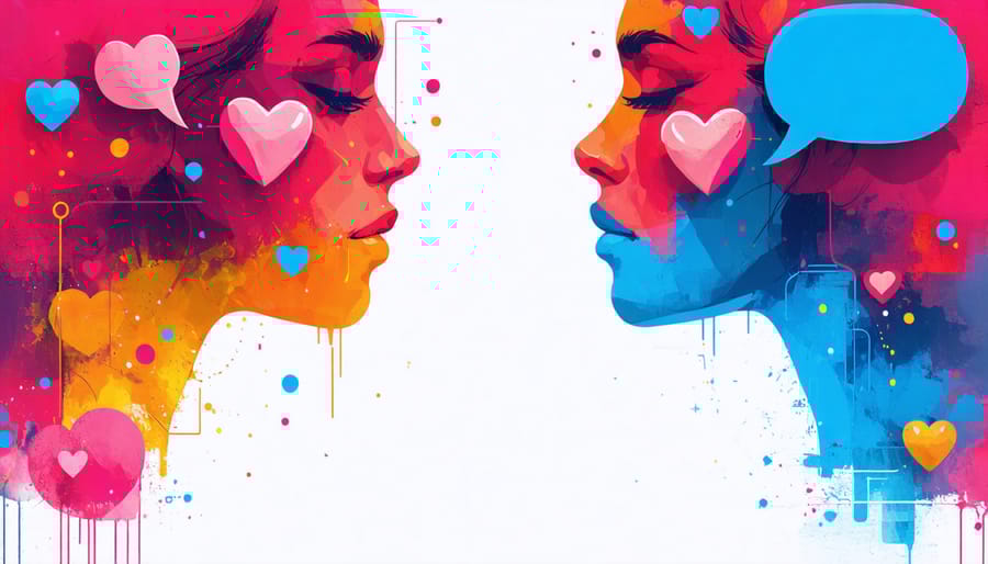 Artistic representation of emotional connection between two people through thought bubbles and symbols