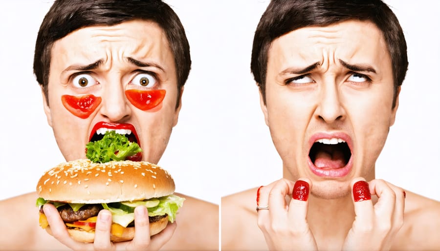 Person expressing different emotions alongside their typical food choices