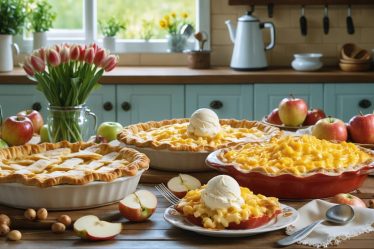 A warm and inviting kitchen table filled with comfort foods like apple pie and mac and cheese, evoking feelings of nostalgia and emotional warmth.