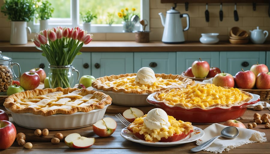 A warm and inviting kitchen table filled with comfort foods like apple pie and mac and cheese, evoking feelings of nostalgia and emotional warmth.