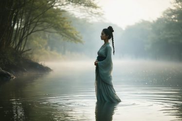 A woman confidently standing in a tranquil natural setting, with soft light creating a serene ambiance, symbolizing her journey of building emotional resilience and inner strength.