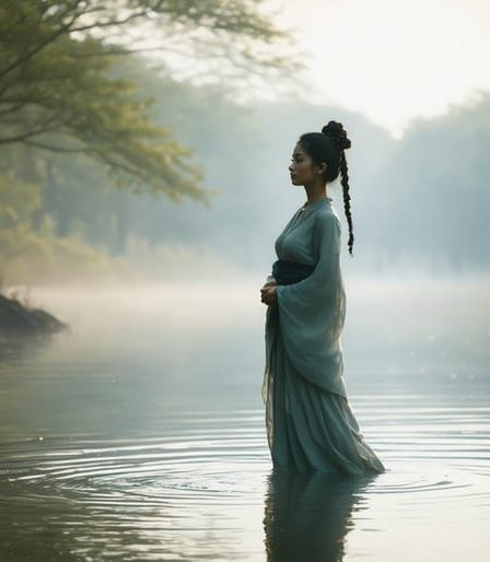 A woman confidently standing in a tranquil natural setting, with soft light creating a serene ambiance, symbolizing her journey of building emotional resilience and inner strength.