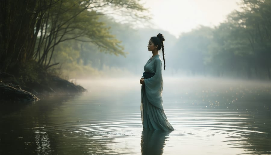 A woman confidently standing in a tranquil natural setting, with soft light creating a serene ambiance, symbolizing her journey of building emotional resilience and inner strength.