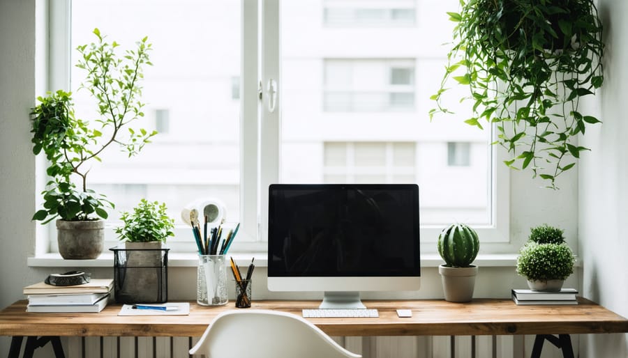 Sustainable home office featuring plants, natural light, recycled materials, and organized workspace