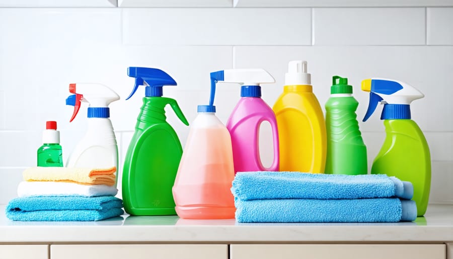 Neatly arranged cleaning supplies including spray bottles, microfiber cloths, and eco-friendly cleaners