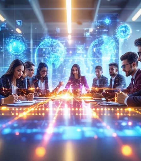 Diverse business professionals working together in a modern, technology-enhanced educational setting, symbolizing ethical practices and collaborative growth.