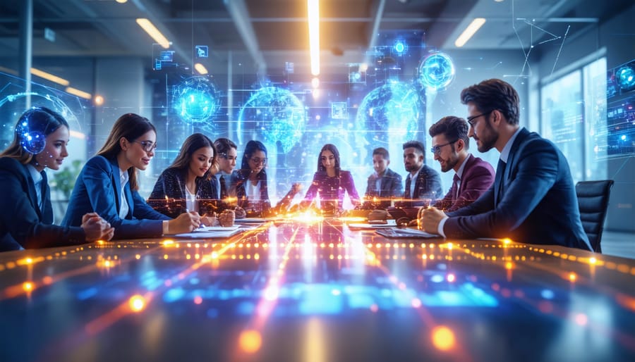 Diverse business professionals working together in a modern, technology-enhanced educational setting, symbolizing ethical practices and collaborative growth.