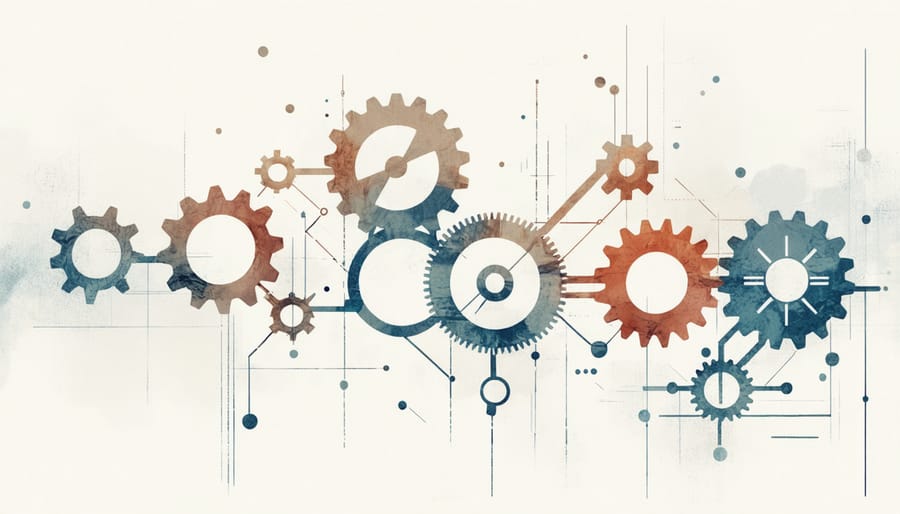 Conceptual illustration of business ethics principles represented by interconnected gears