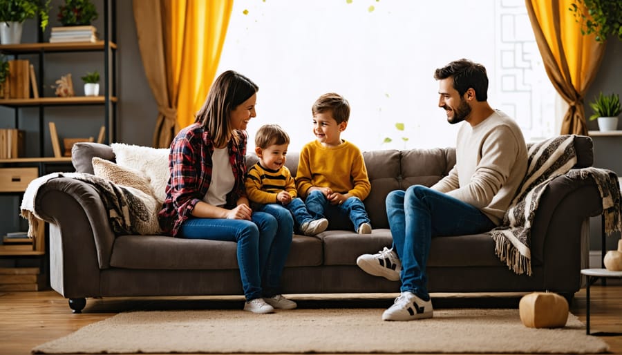 Family of four having an intimate conversation in their living room during their daily check-in time