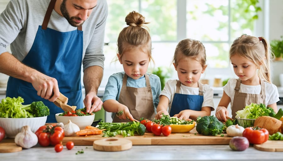 Parent and children working together in kitchen preparing multiple meals for the week