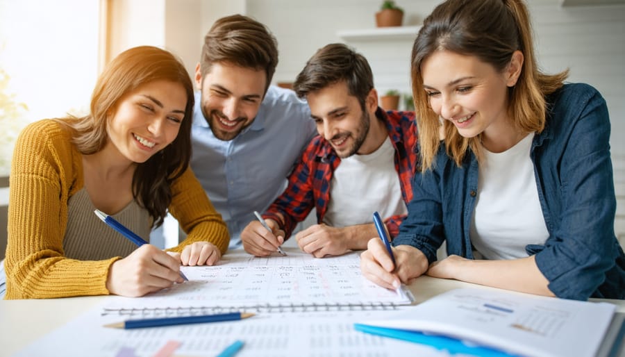 Family of five participating in their weekly family meeting with planning materials