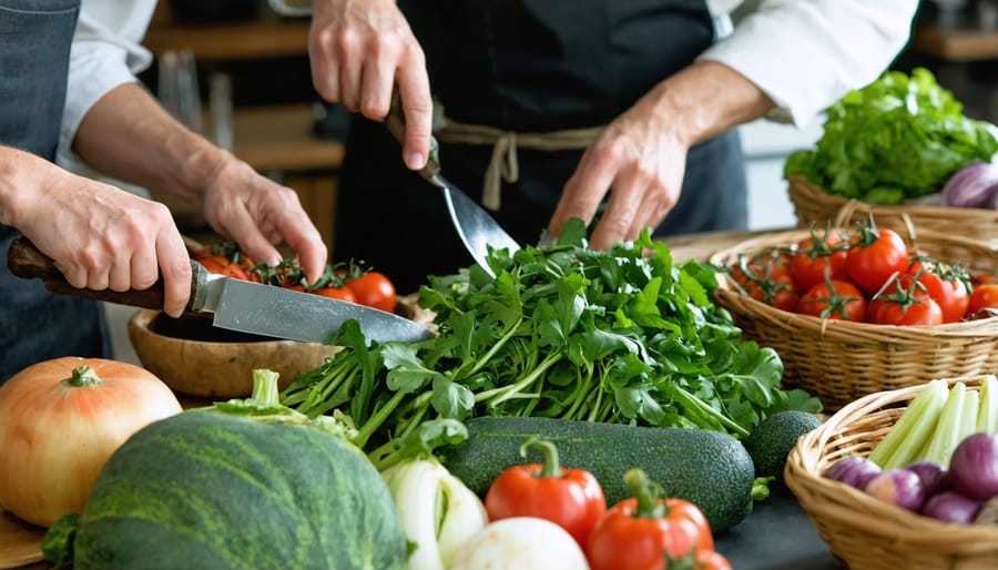 Students learning farm-to-table cooking techniques with fresh harvested produce