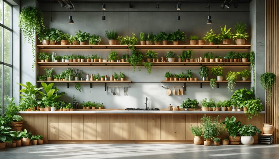 Modern wellness center kitchen featuring natural materials and fresh herbs with sunlight streaming through windows